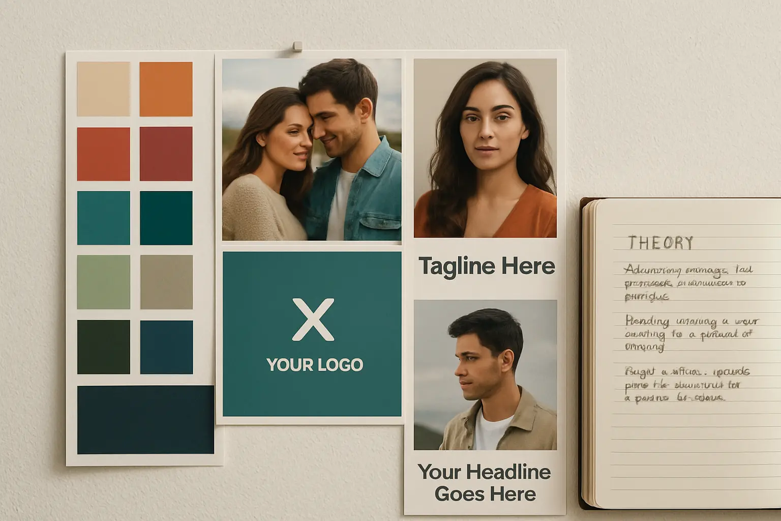 Moodboard e paleta de cores de uma campanha publicitária ao lado de anotações sobre teoria de comunicação