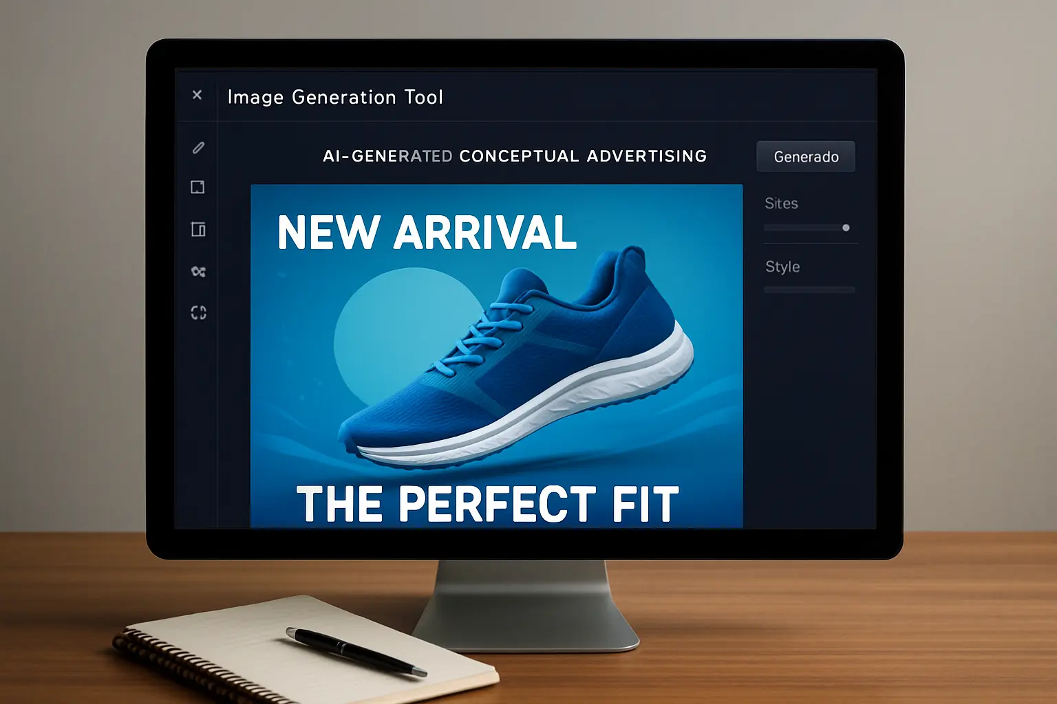 Tela de computador mostrando uma imagem gerada por IA para uma peça de campanha publicitária conceitual