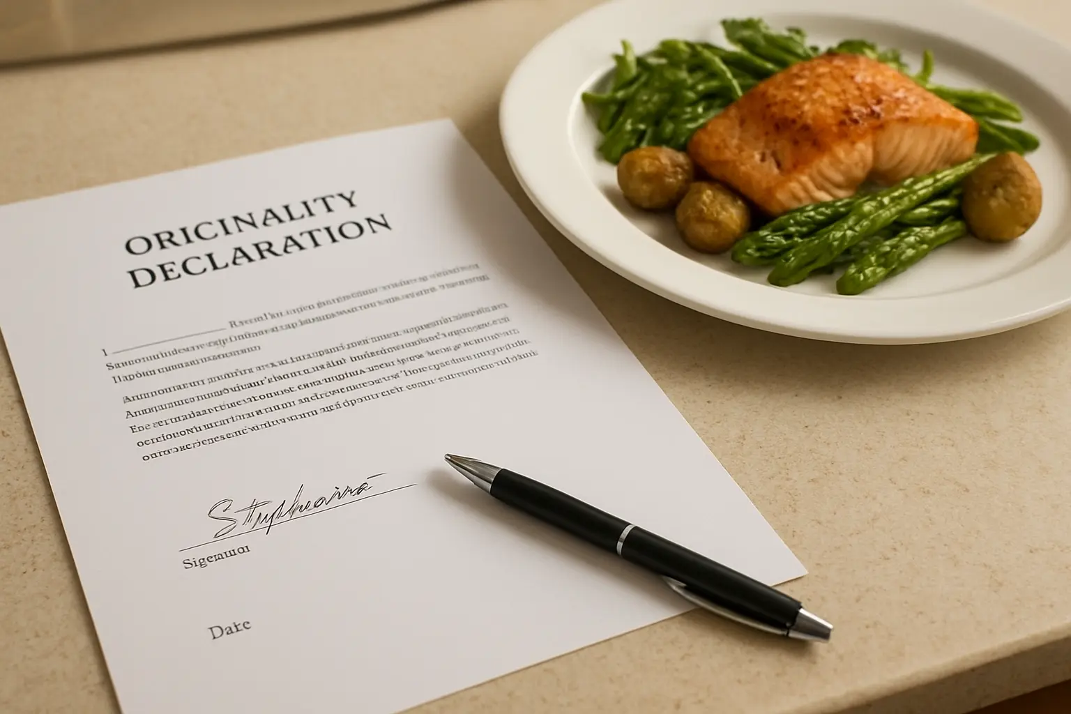 Declaração de originalidade assinada ao lado de um prato fotografado para o TCC de Gastronomia