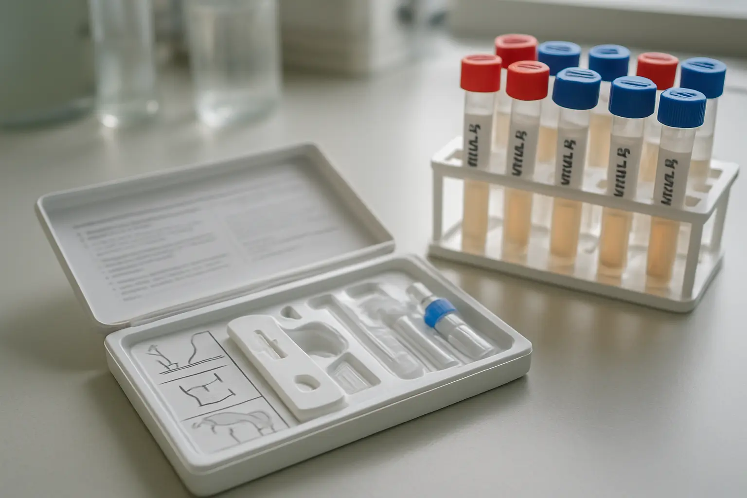 Bancada de laboratório de Biomedicina com bula de kit diagnóstico aberta ao lado de tubos de amostra rotulados