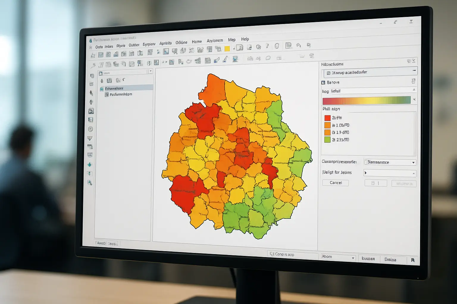 Tela de software de geoprocessamento com mapa temático, usado para citar dados no TCC de Geografia