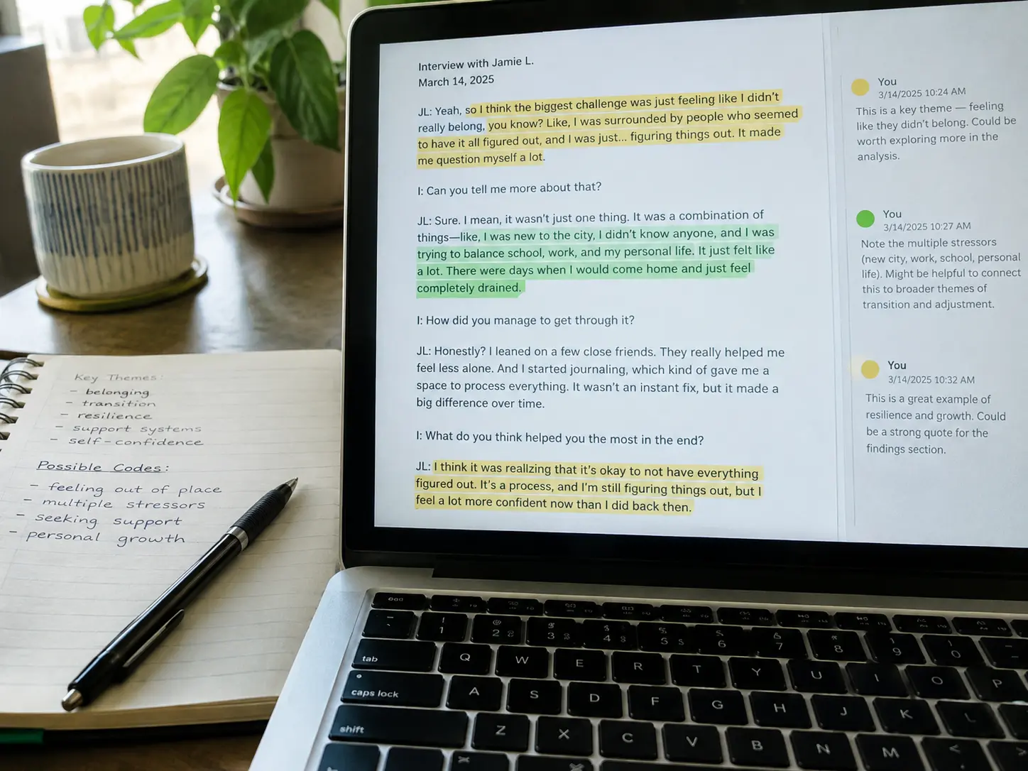 Transcrição de entrevista com trechos destacados para análise de conteúdo