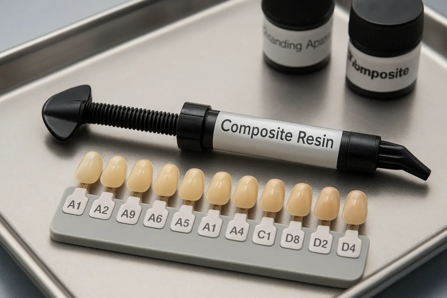 Escala de cor de resina composta usada na técnica de estratificação descrita no exemplo de TCC de Odontologia