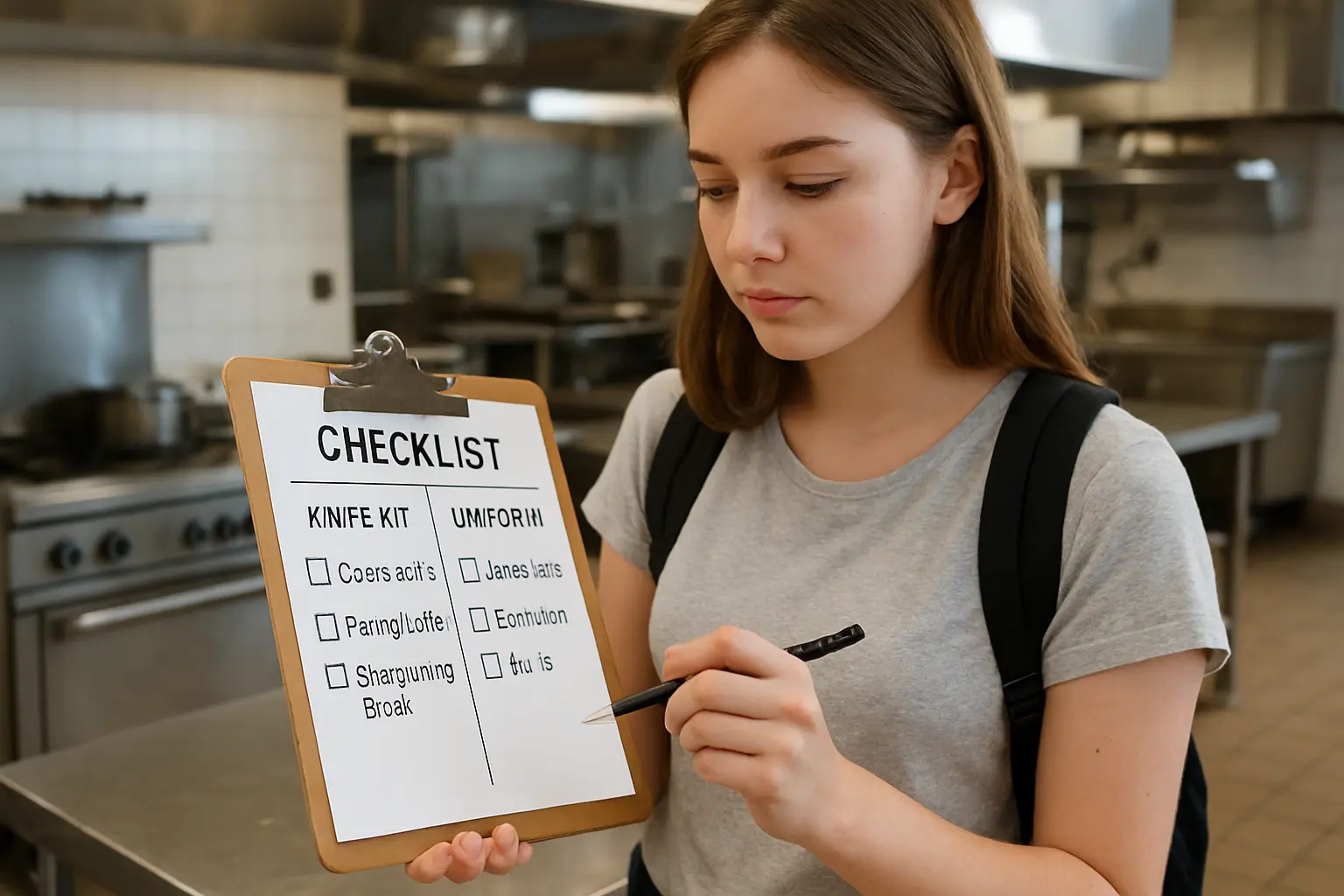 Estudante conferindo checklist de custos de uniforme e kit de facas antes de se matricular em Gastronomia