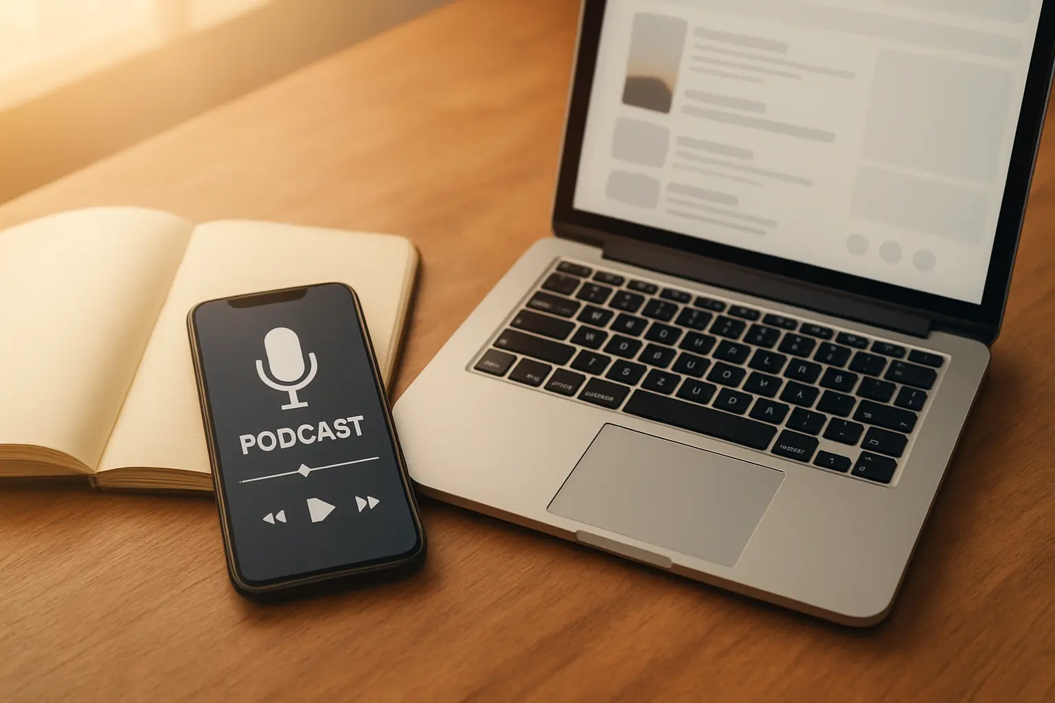 Celular com tocador de podcast e notebook com feed de rede social sobre a mesa de estudo, ao lado de um caderno aberto