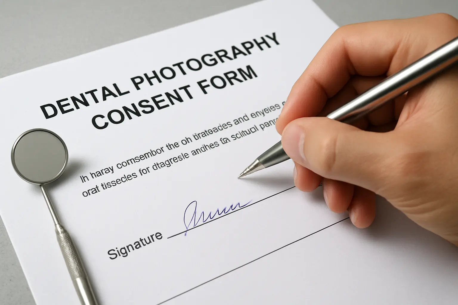 Termo de autorização de uso de imagem sendo assinado antes do registro fotográfico clínico no TCC de Odontologia