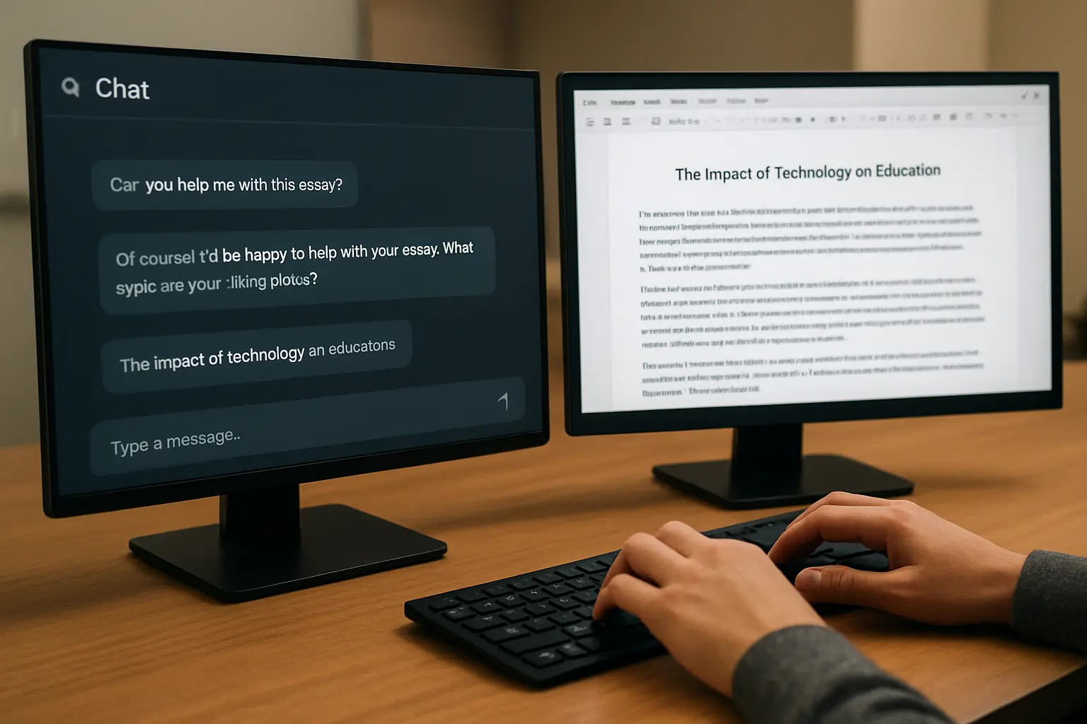 Estudante de Publicidade comparando ferramentas de IA em duas telas de computador lado a lado