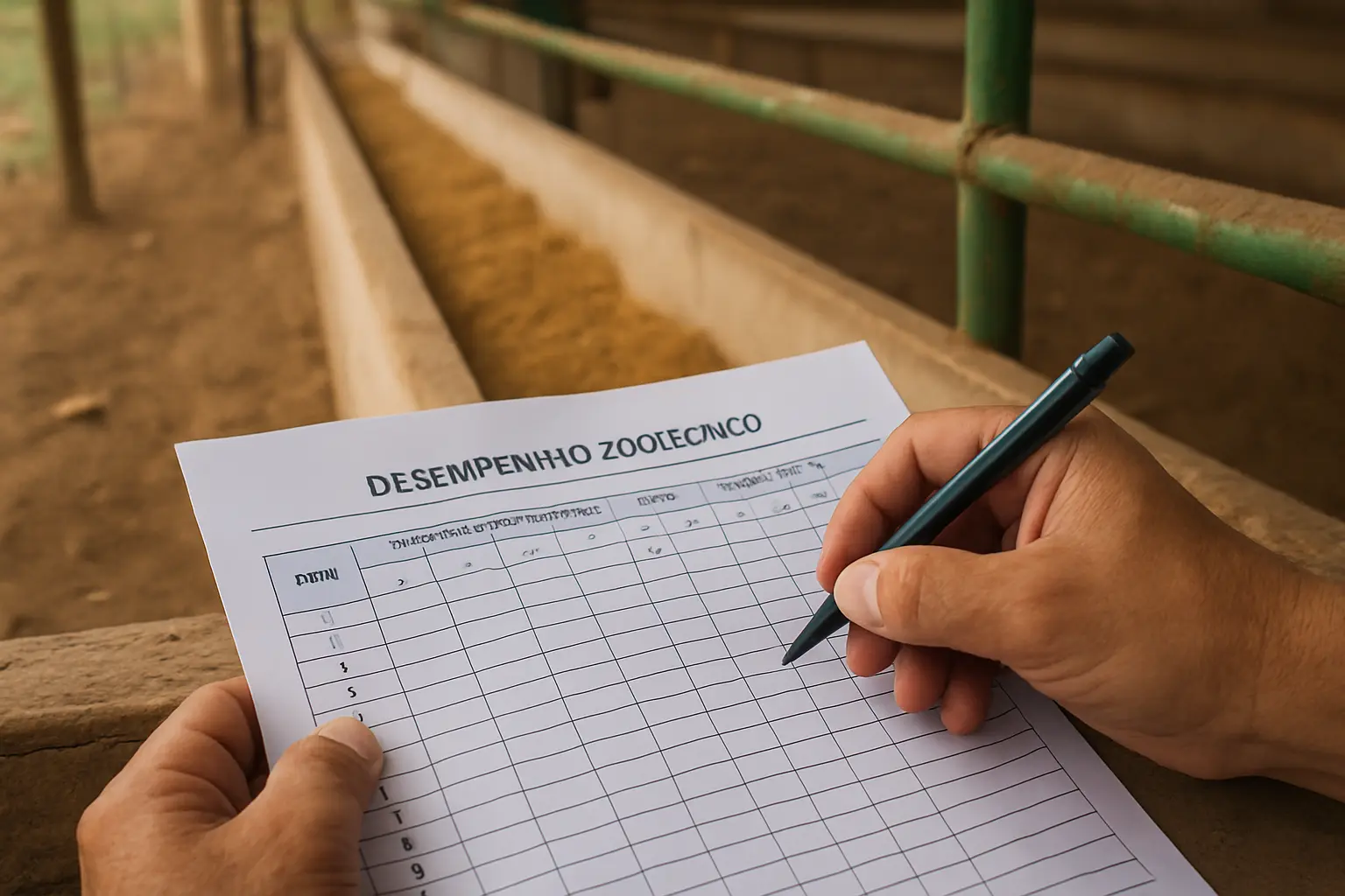Pesquisador registrando dados de desempenho zootécnico em prancheta ao lado de comedouros de um experimento agropecuário