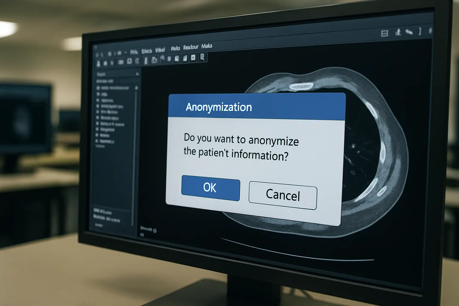 Tela de visualizador DICOM mostrando processo de anonimização de imagem médica para uso no TCC de Radiologia