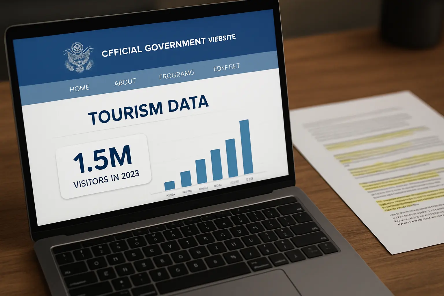 Site institucional de turismo aberto no laptop ao lado de anotações de citação para o TCC