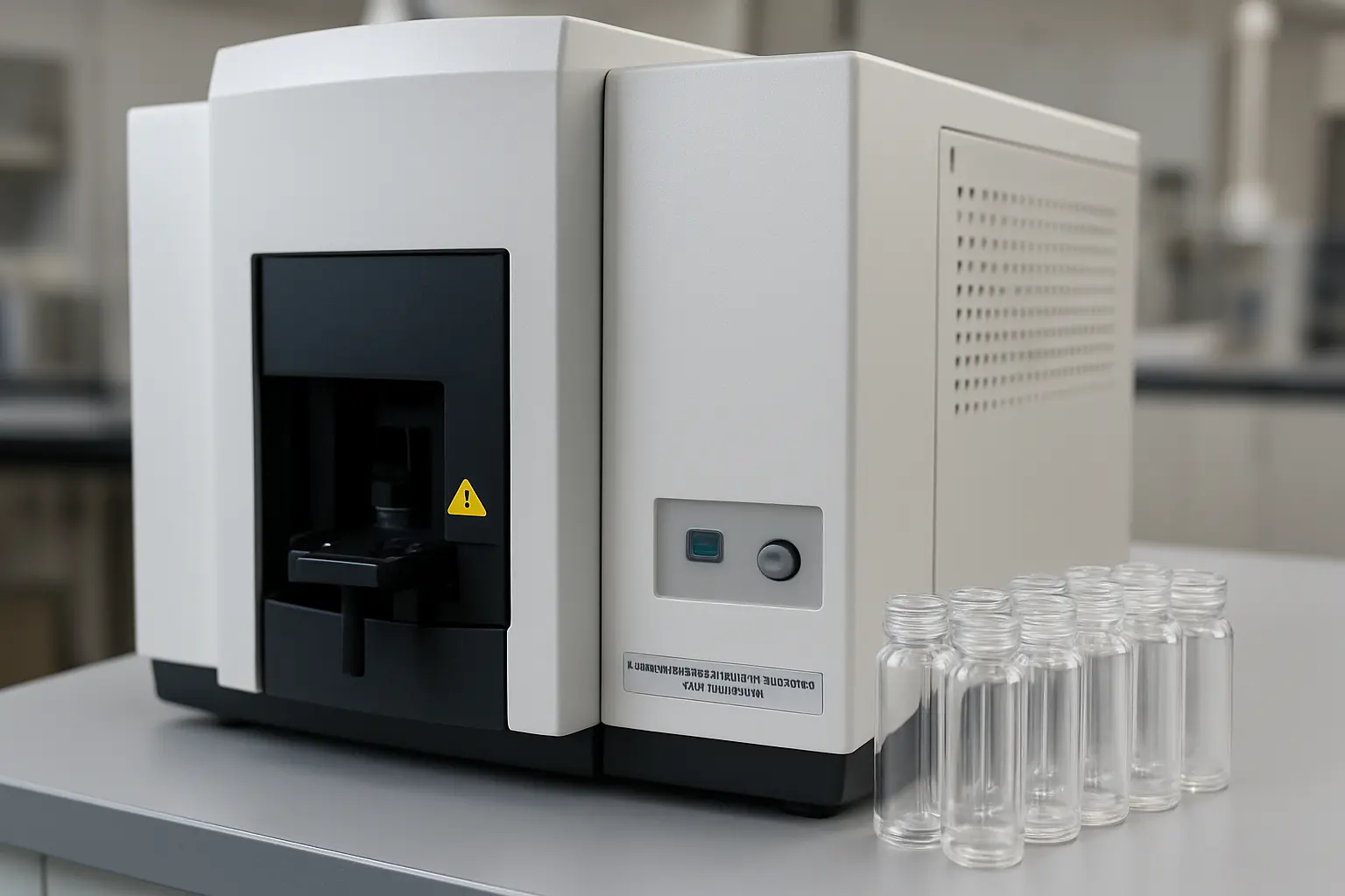 Frasco de amostra de água sendo preparado para análise em espectrômetro de absorção atômica em laboratório de Química