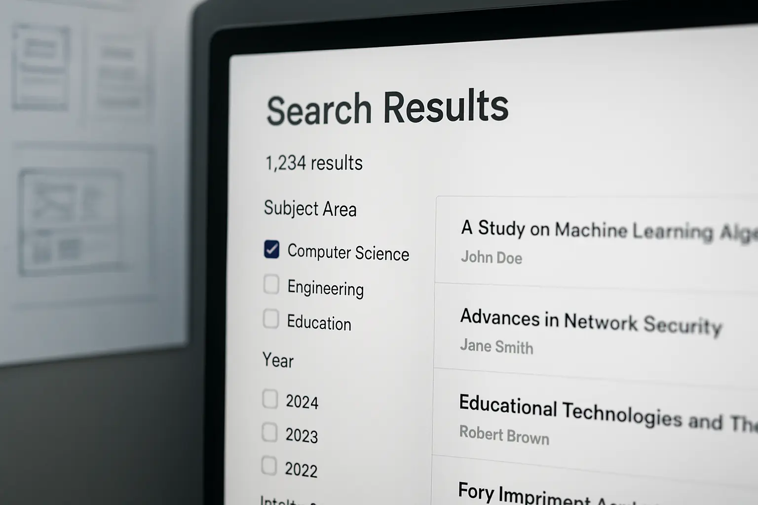 Tela de computador mostrando filtros de busca acadêmica por área, ano e instituição