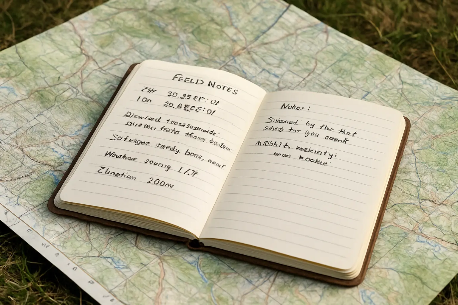 Caderno de campo aberto com anotações e coordenadas ao lado de um mapa impresso em atividade de pesquisa de Geografia