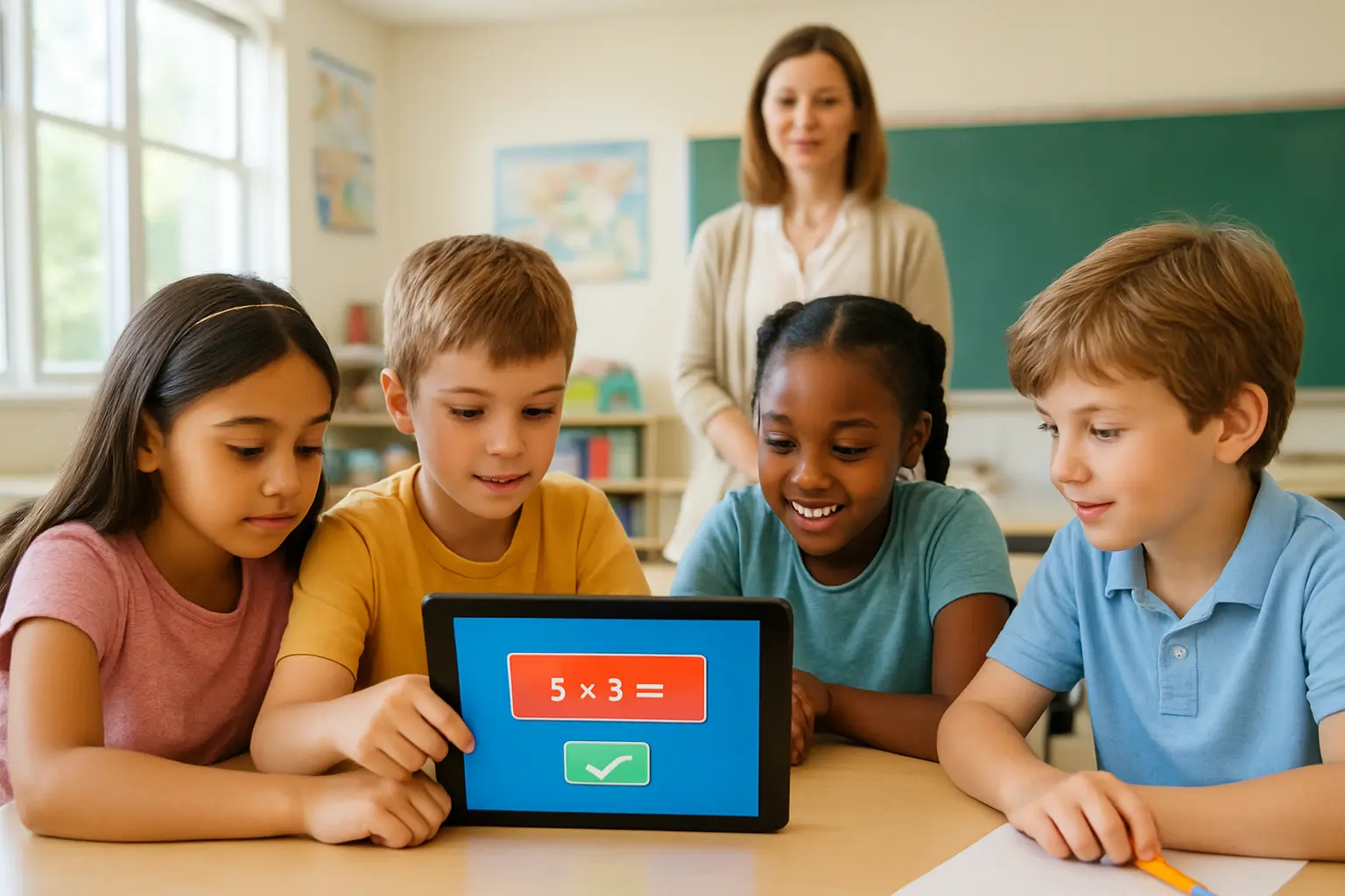 Crianças usando tablet educativo em sala de aula durante aula de matemática