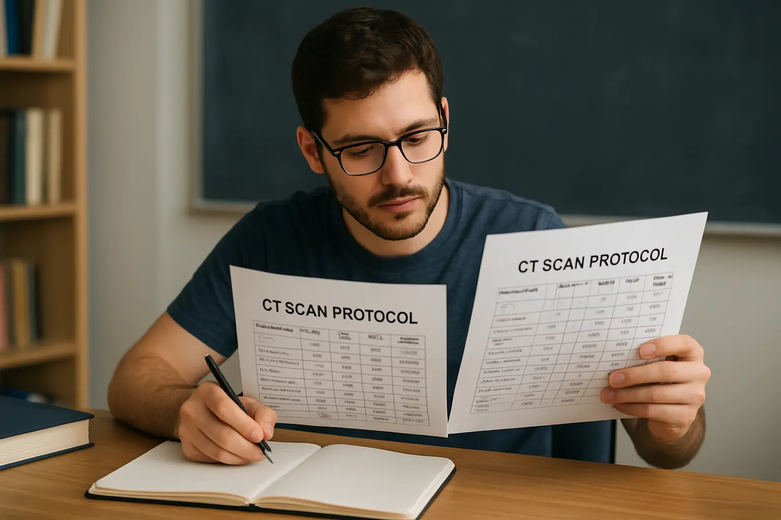 Estudante de Radiologia comparando protocolos de exame em uma estação de trabalho para o TCC